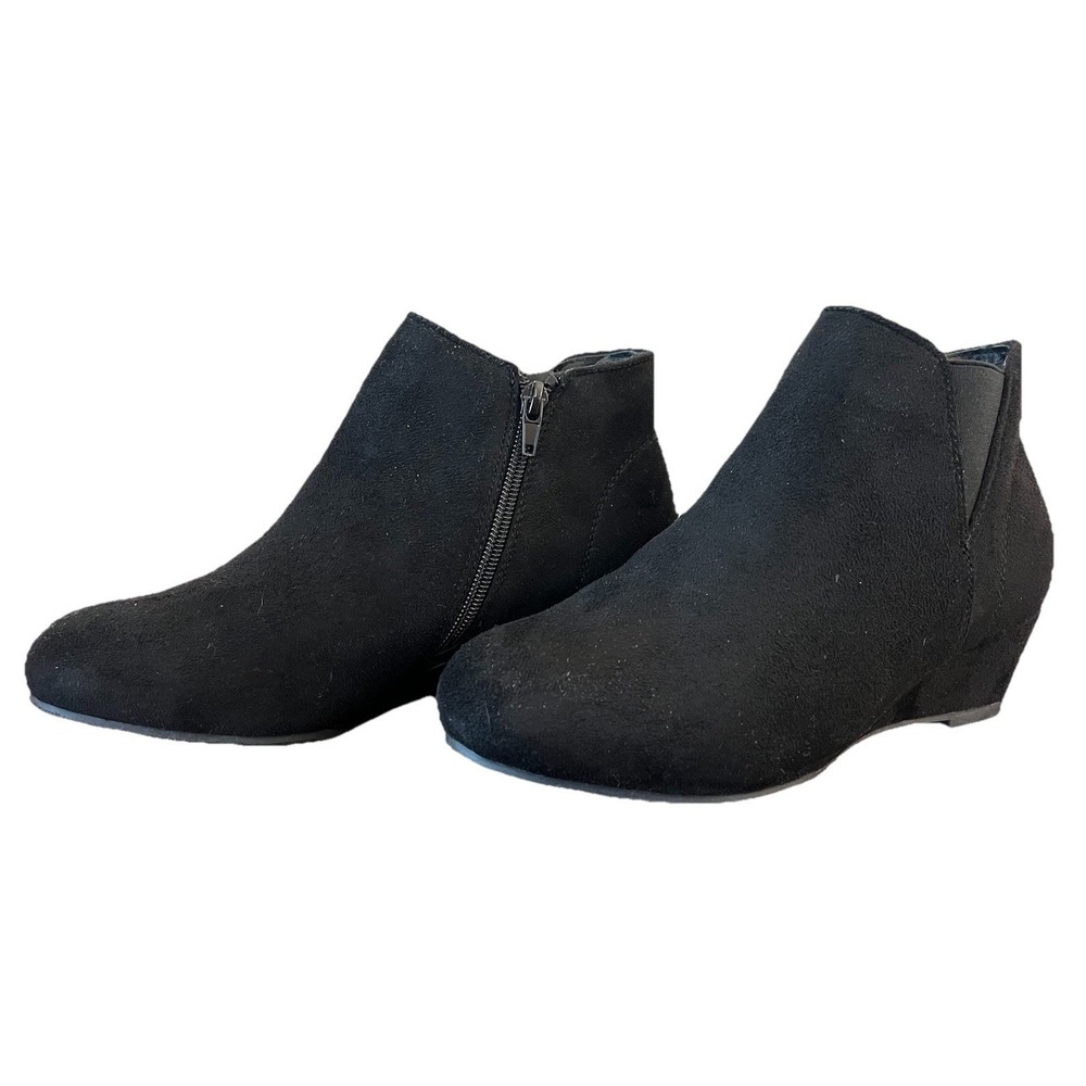Its OK Janelle Black Faux Suede Wedge Ankle Boots Womens 7.5W Round‎ Toe Zip